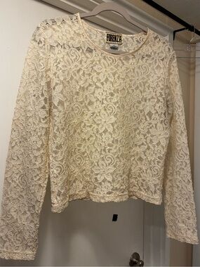 Y2K Off-White Cream Colored Floral Patterned Sheer Lace Long Sleeve Top
